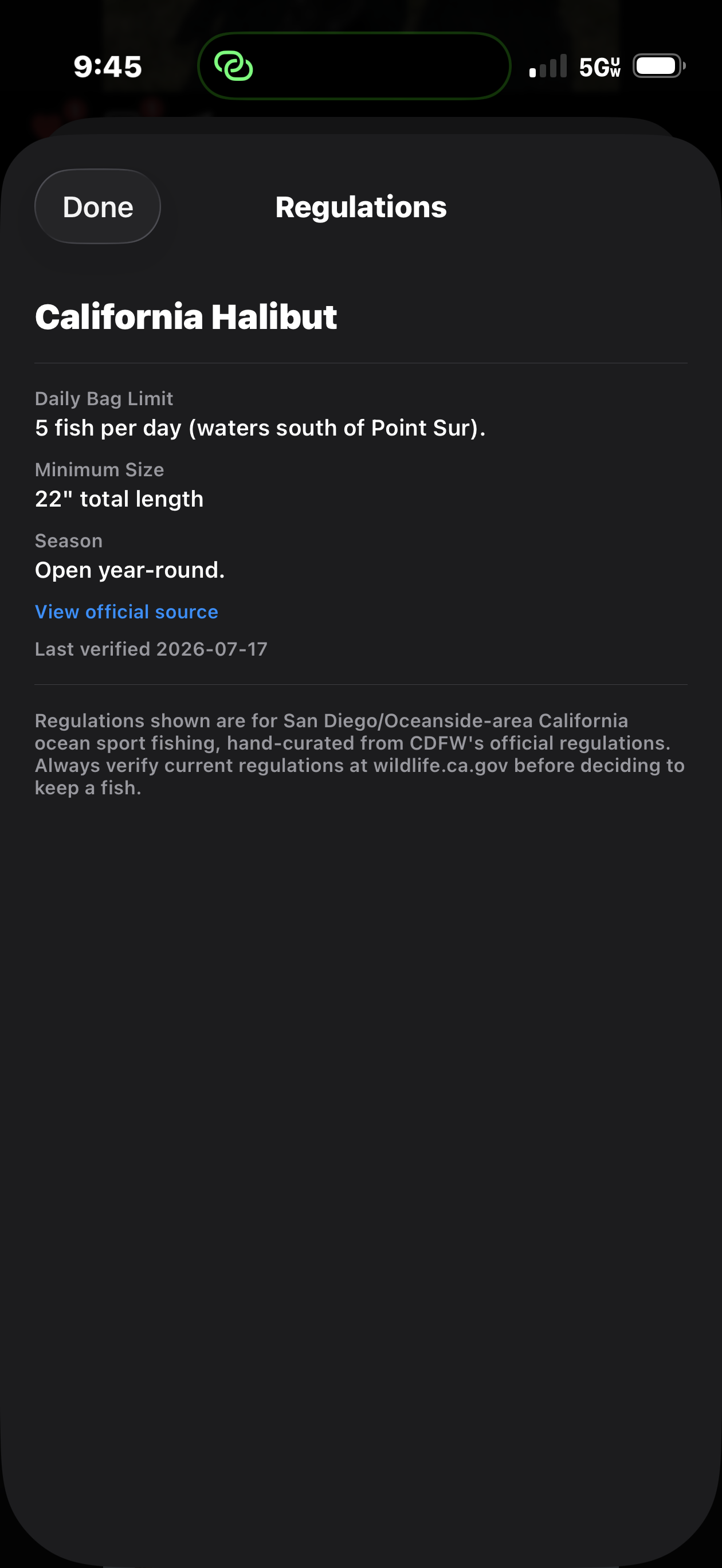FishReel regulations screen showing California Halibut's daily bag limit, minimum size, and season