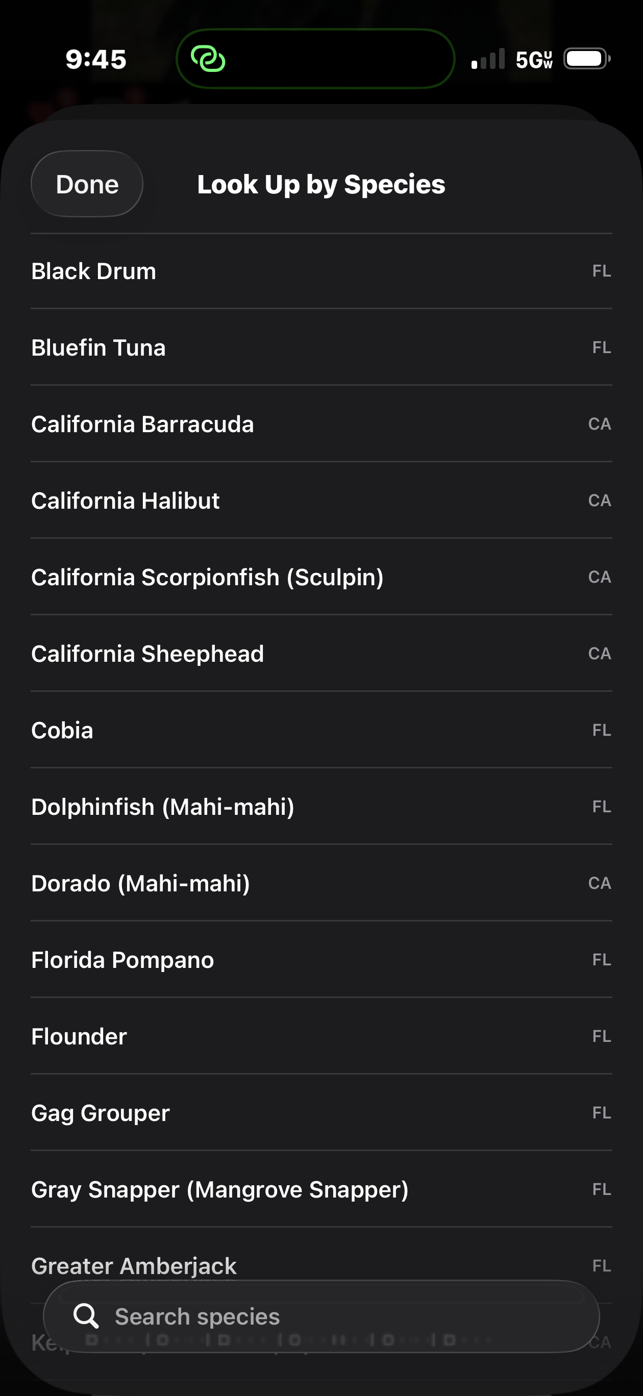 FishReel Look Up by Species screen with a searchable list of curated California and Florida species